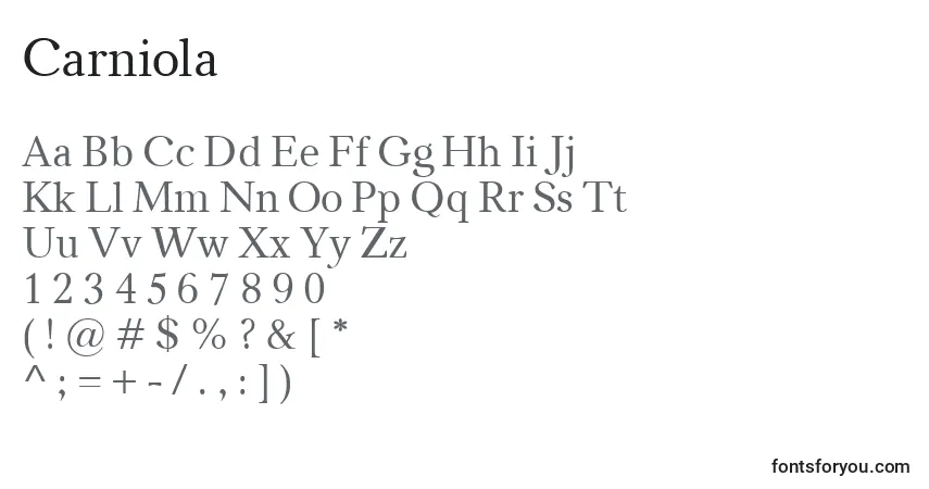 Czcionka Carniola – alfabet, cyfry, specjalne znaki