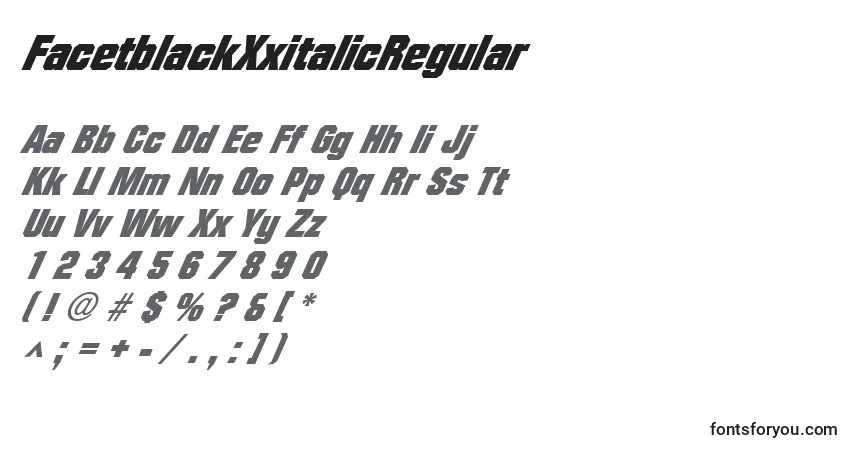 Czcionka FacetblackXxitalicRegular – alfabet, cyfry, specjalne znaki