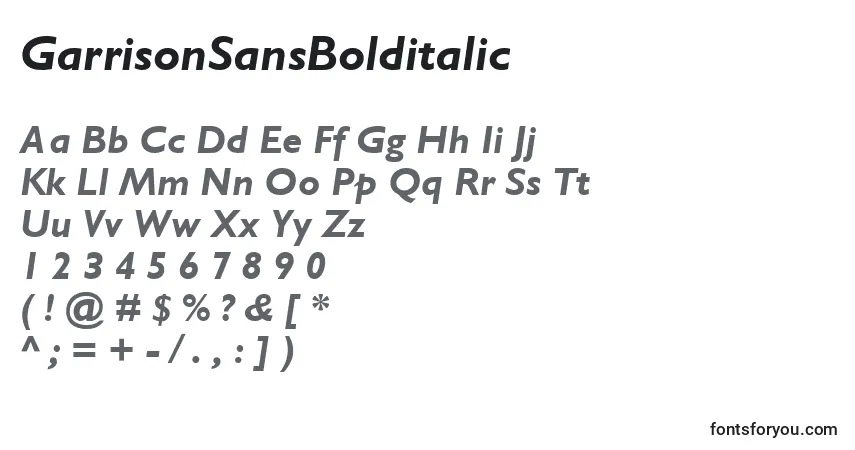 A fonte GarrisonSansBolditalic – alfabeto, números, caracteres especiais