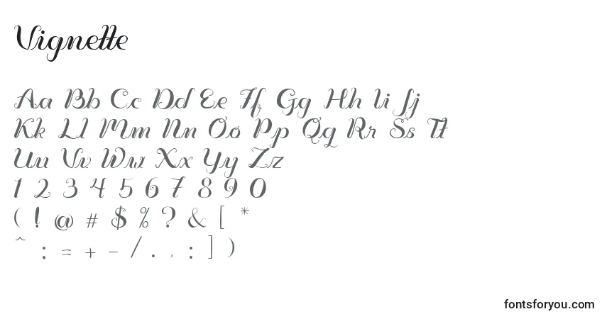 A fonte Vignette – alfabeto, números, caracteres especiais