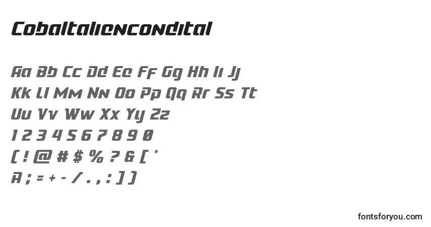Шрифт Cobaltaliencondital – алфавит, цифры, специальные символы