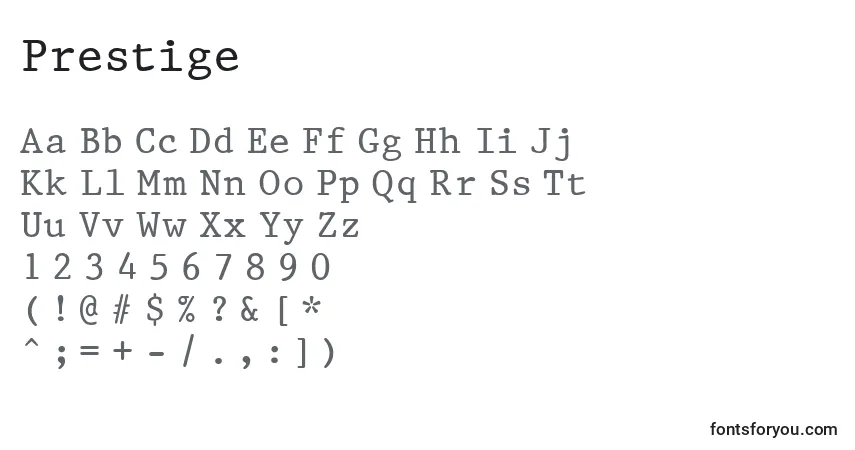 A fonte Prestige – alfabeto, números, caracteres especiais