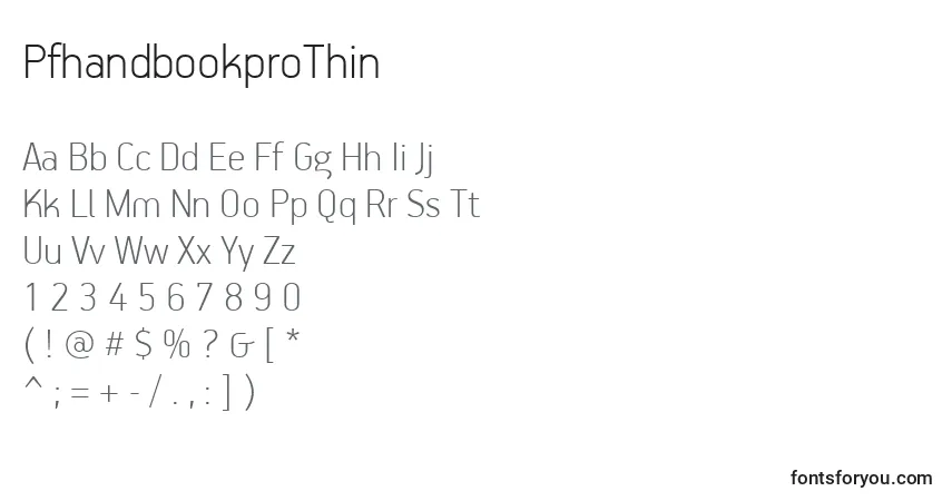 Czcionka PfhandbookproThin – alfabet, cyfry, specjalne znaki