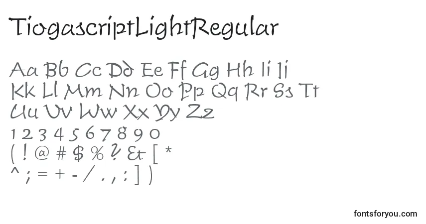 Czcionka TiogascriptLightRegular – alfabet, cyfry, specjalne znaki