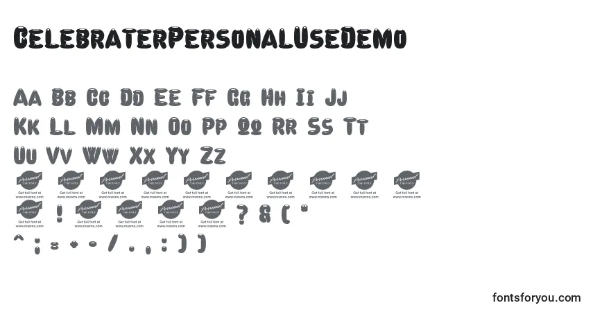 Czcionka CelebraterPersonalUseDemo – alfabet, cyfry, specjalne znaki