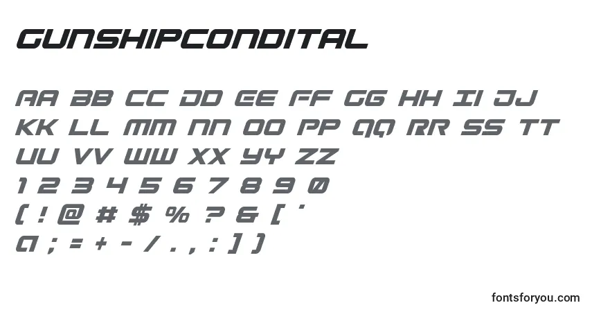 Schriftart Gunshipcondital – Alphabet, Zahlen, spezielle Symbole