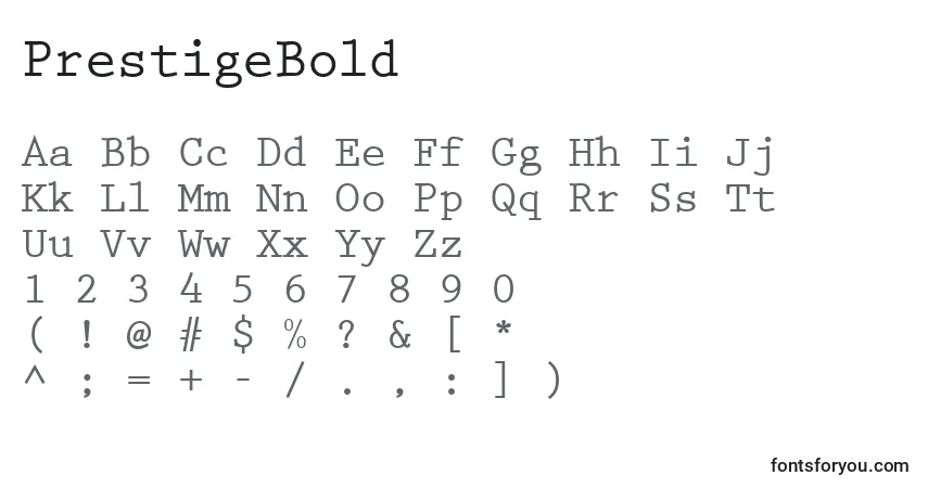 A fonte PrestigeBold – alfabeto, números, caracteres especiais