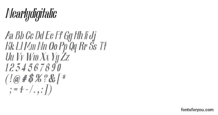 Czcionka Nearlydigitalic – alfabet, cyfry, specjalne znaki