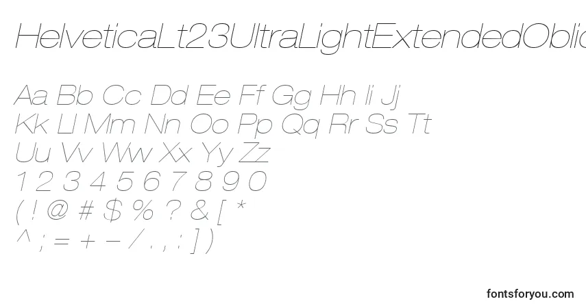 Czcionka HelveticaLt23UltraLightExtendedOblique – alfabet, cyfry, specjalne znaki