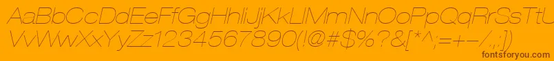 HelveticaLt23UltraLightExtendedOblique-Schriftart – Braune Schriften auf orangefarbenem Hintergrund
