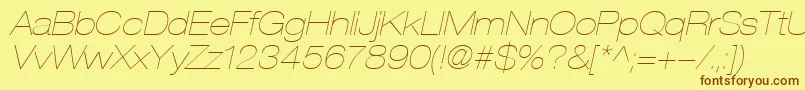 HelveticaLt23UltraLightExtendedOblique-Schriftart – Braune Schriften auf gelbem Hintergrund