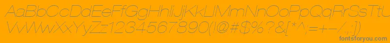 HelveticaLt23UltraLightExtendedOblique-Schriftart – Graue Schriften auf orangefarbenem Hintergrund