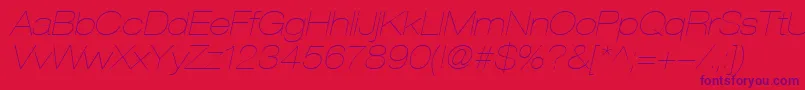 HelveticaLt23UltraLightExtendedOblique-Schriftart – Violette Schriften auf rotem Hintergrund