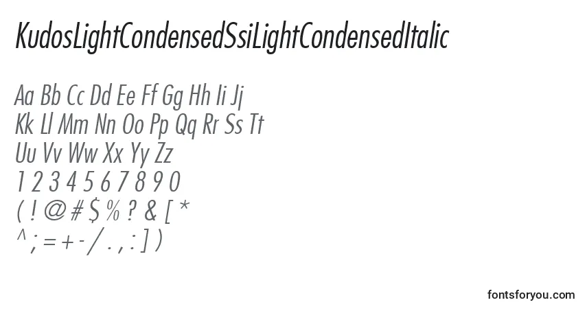 KudosLightCondensedSsiLightCondensedItalic-fontti – aakkoset, numerot, erikoismerkit