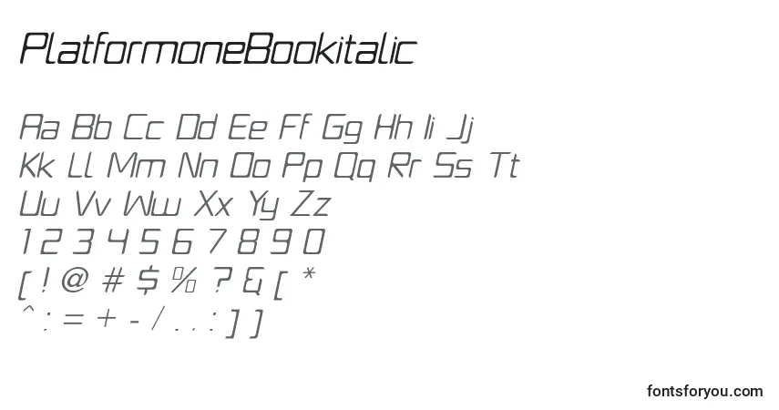 Шрифт PlatformoneBookitalic – алфавит, цифры, специальные символы