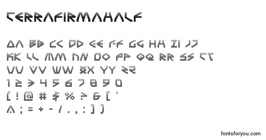 Czcionka Terrafirmahalf – alfabet, cyfry, specjalne znaki