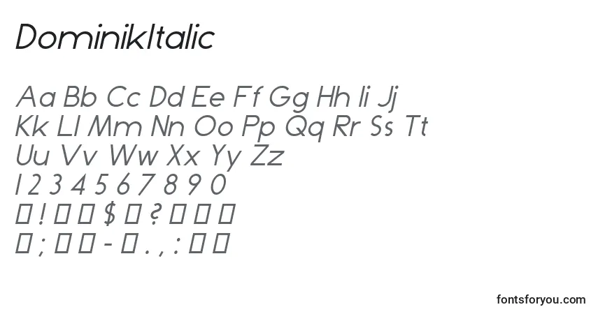 Czcionka DominikItalic – alfabet, cyfry, specjalne znaki
