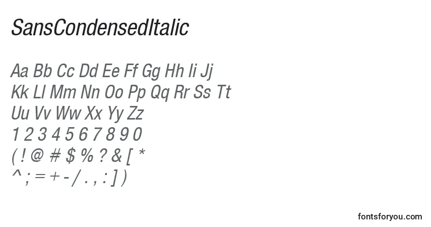 SansCondensedItalic-fontti – aakkoset, numerot, erikoismerkit