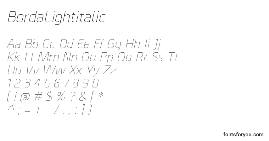 A fonte BordaLightitalic – alfabeto, números, caracteres especiais