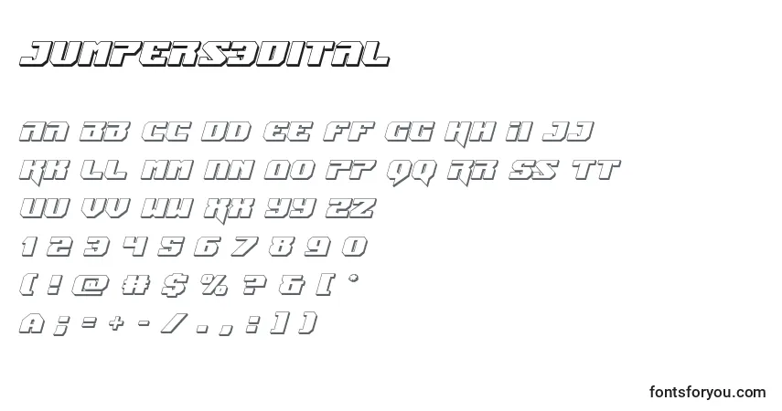 Czcionka Jumpers3Dital – alfabet, cyfry, specjalne znaki