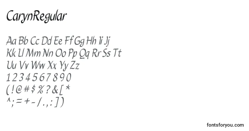 Czcionka CarynRegular – alfabet, cyfry, specjalne znaki