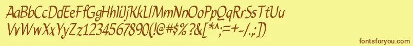 フォントCarynRegular – 茶色の文字が黄色の背景にあります。