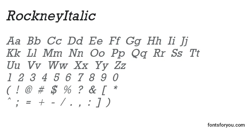 A fonte RockneyItalic – alfabeto, números, caracteres especiais