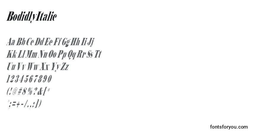 Schriftart BodidlyItalic – Alphabet, Zahlen, spezielle Symbole
