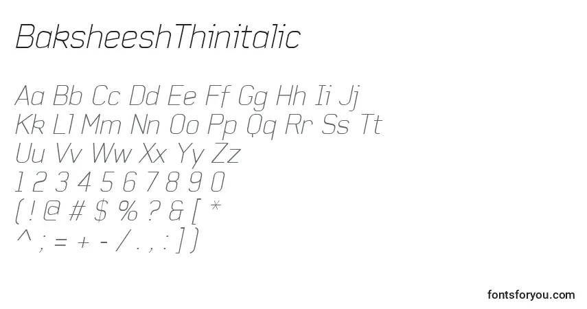 Шрифт BaksheeshThinitalic – алфавит, цифры, специальные символы