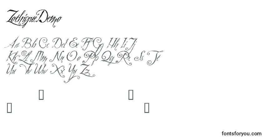 A fonte ZothiqueDemo – alfabeto, números, caracteres especiais