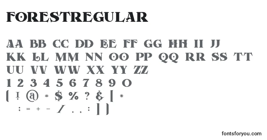 Schriftart Forestregular (89687) – Alphabet, Zahlen, spezielle Symbole