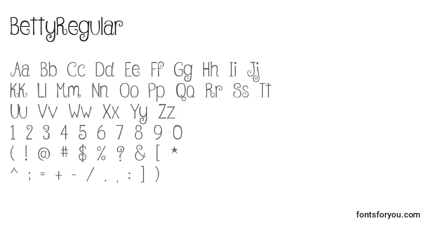 Schriftart BettyRegular – Alphabet, Zahlen, spezielle Symbole