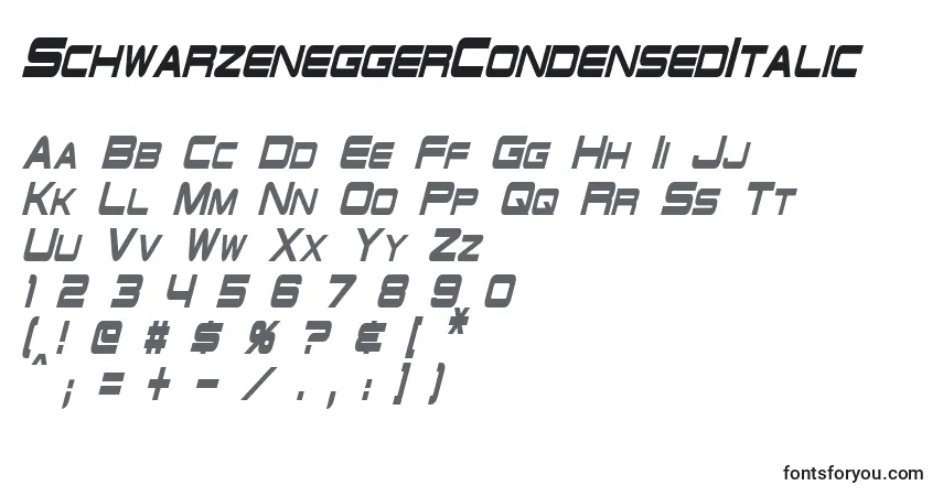 Czcionka SchwarzeneggerCondensedItalic – alfabet, cyfry, specjalne znaki