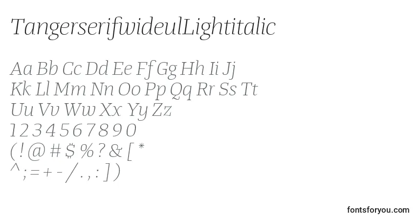 A fonte TangerserifwideulLightitalic – alfabeto, números, caracteres especiais