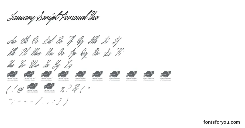 Czcionka JanuaryScriptPersonalUse – alfabet, cyfry, specjalne znaki