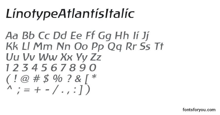 Czcionka LinotypeAtlantisItalic – alfabet, cyfry, specjalne znaki