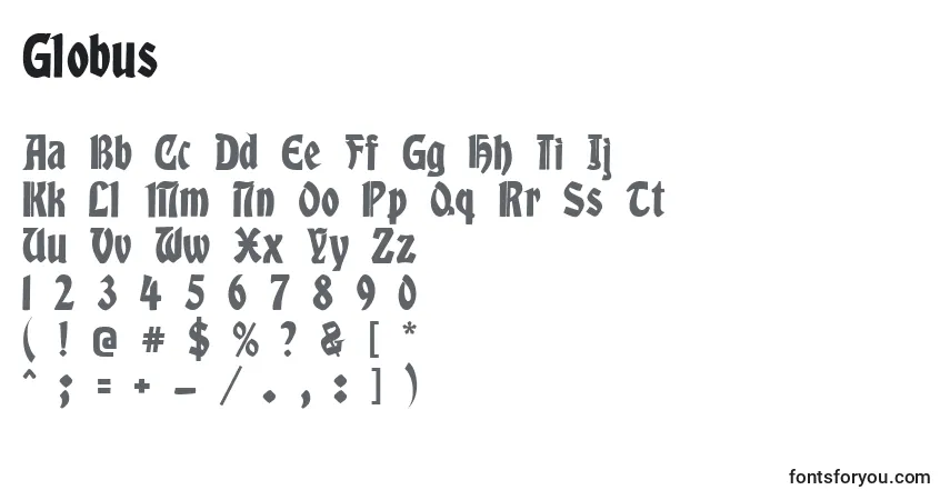 A fonte Globus – alfabeto, números, caracteres especiais