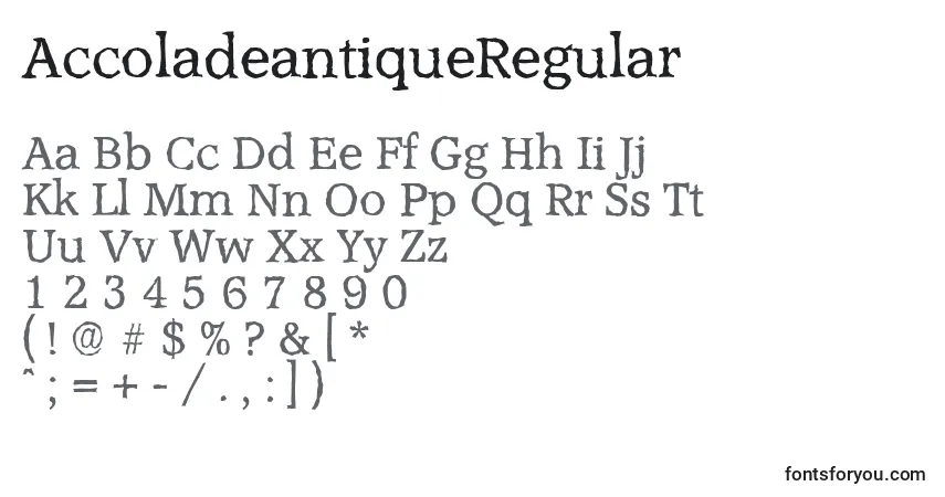 A fonte AccoladeantiqueRegular – alfabeto, números, caracteres especiais