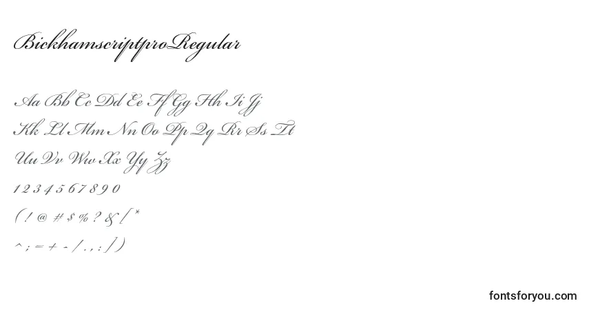 Czcionka BickhamscriptproRegular – alfabet, cyfry, specjalne znaki