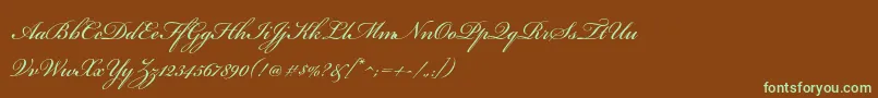 フォントBickhamscriptproRegular – 緑色の文字が茶色の背景にあります。