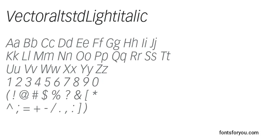 Czcionka VectoraltstdLightitalic – alfabet, cyfry, specjalne znaki