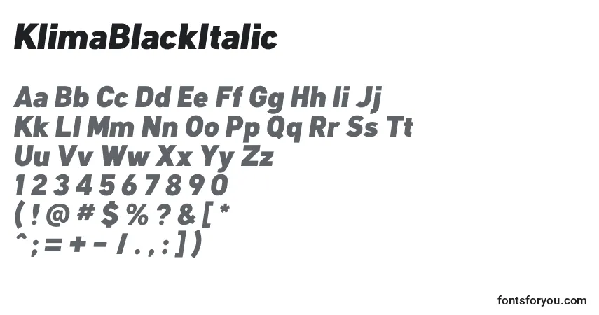 Шрифт KlimaBlackItalic – алфавит, цифры, специальные символы
