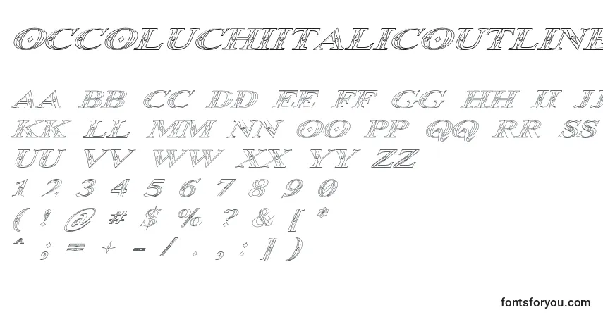 Czcionka OccoluchiItalicOutline – alfabet, cyfry, specjalne znaki