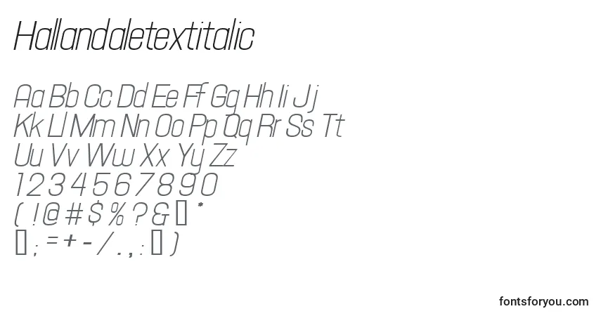 Шрифт Hallandaletextitalic – алфавит, цифры, специальные символы