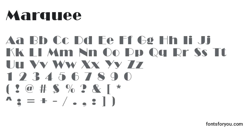 Czcionka Marquee – alfabet, cyfry, specjalne znaki