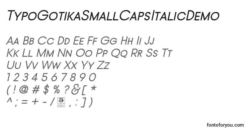 Schriftart TypoGotikaSmallCapsItalicDemo – Alphabet, Zahlen, spezielle Symbole