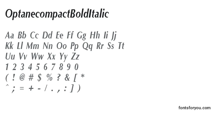 Czcionka OptanecompactBoldItalic – alfabet, cyfry, specjalne znaki