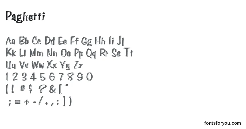 Czcionka Paghetti – alfabet, cyfry, specjalne znaki