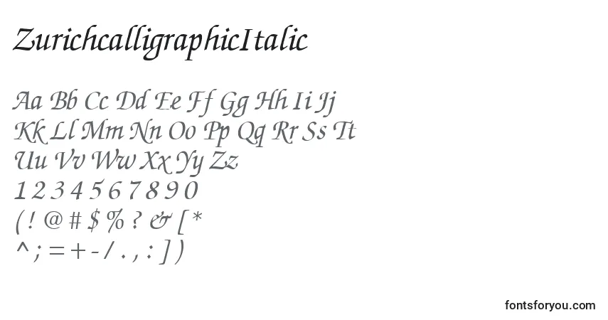Czcionka ZurichcalligraphicItalic – alfabet, cyfry, specjalne znaki