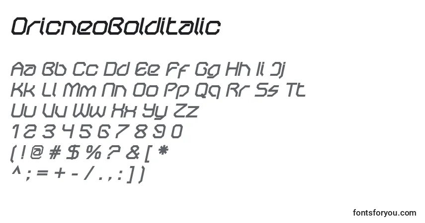Czcionka OricneoBolditalic – alfabet, cyfry, specjalne znaki